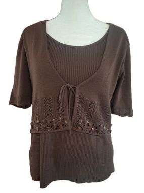 Brown Embellished Knit Layered Top